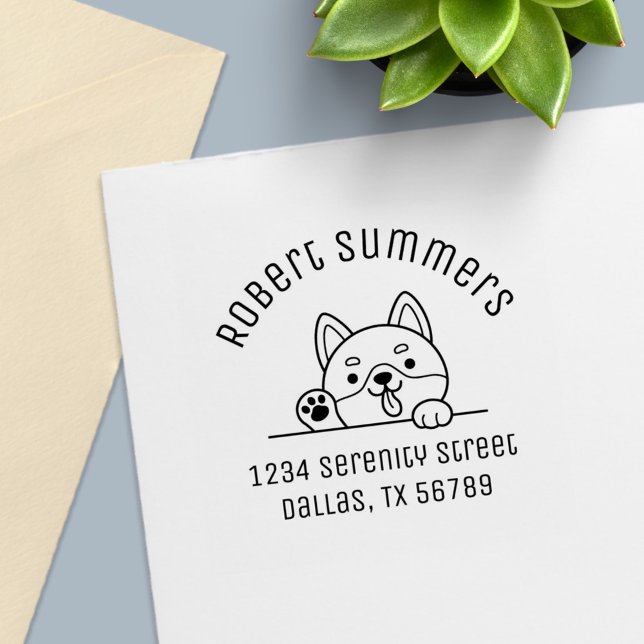 Cheerful Dog Peeking above Arch Address Self-inking Stamp (Creator Uploaded)