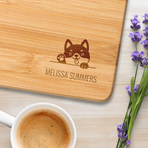 Cheerful Dog Peeking above Custom Name Engraved Cutting Board