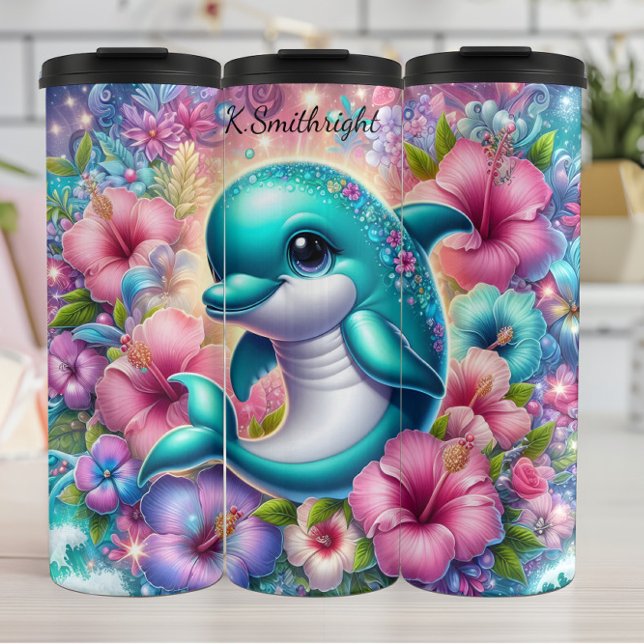 Cheerful Dolphin Floral Fantasy Sparkles Thermal Tumbler (Creator Uploaded)