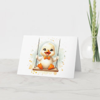 Cheerful Duckling on a Swing Watercolor Blank Card