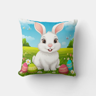 Cheerful Easter Bunny in Meadow with Colorful Eggs Throw Pillow