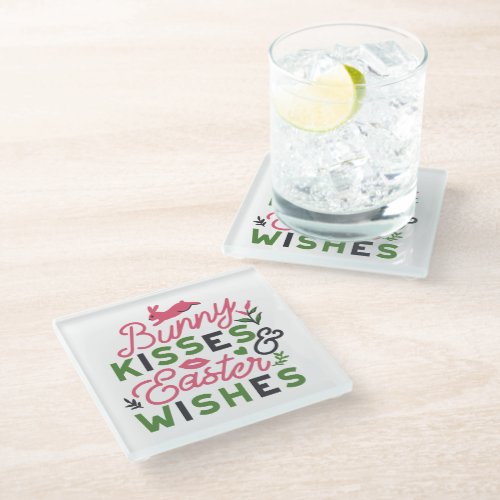 Cheerful Easter Typography _ Bunny Kisses Glass Coaster