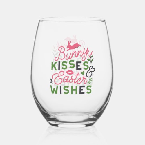 Cheerful Easter Typography _ Bunny Kisses Stemless Wine Glass