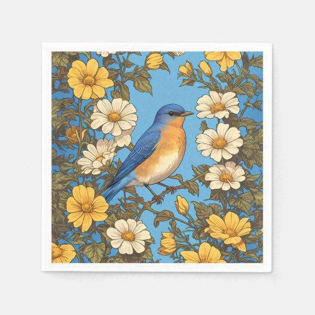 Cheerful Eastern Bluebird Yellow and White Flowers Napkins (Front)
