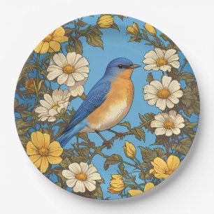 Cheerful Eastern Bluebird Yellow and White Flowers Paper Plates