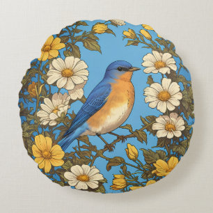 Cheerful Eastern Bluebird Yellow and White Flowers Round Pillow
