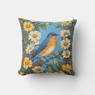 Cheerful Eastern Bluebird Yellow and White Flowers Throw Pillow