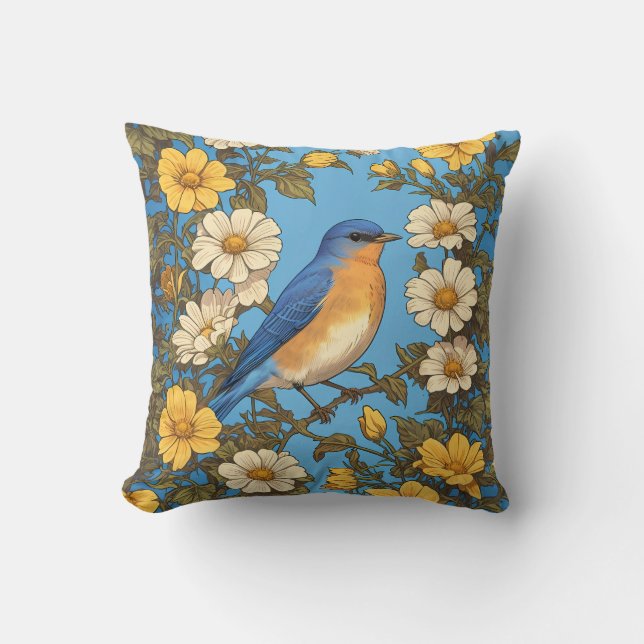 Cheerful Eastern Bluebird Yellow and White Flowers Throw Pillow (Front)