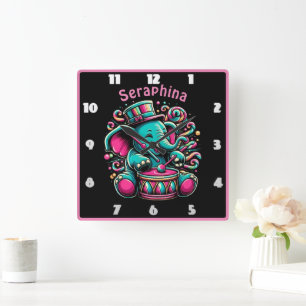 Cheerful elephant drumming at circus square wall clock