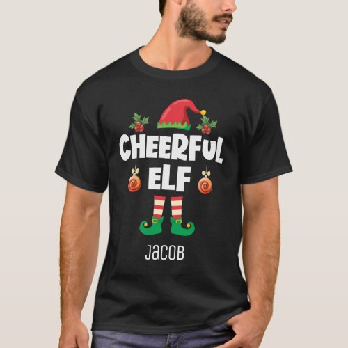 Cheerful elf funny Christmas family outfit name T_Shirt