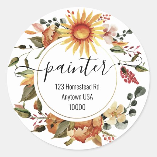 Cheerful Fall Sunflower Wedding Address Classic Round Sticker
