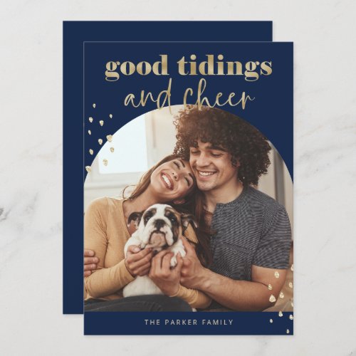 Cheerful Faux Gold  One Photo Arch Christmas Holiday Card