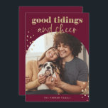 Cheerful Faux Gold | One Photo Arch Christmas Holiday Card<br><div class="desc">This fun and festive Christmas card features your favorite family photo in a trendy arch shape,  with a deep jewel tone red wine color and lots of faux gold text and accents for a modern Christmas look.</div>