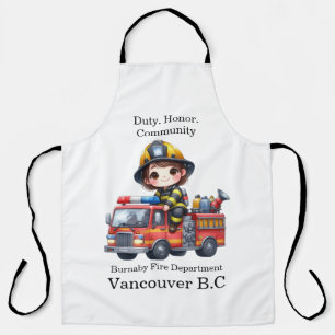 Cheerful firefighter riding a vibrant fire truck apron