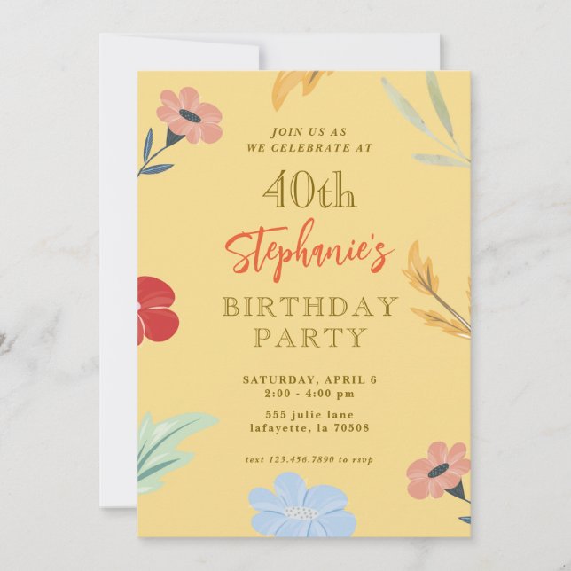 Cheerful Floral 40th Birthday invitations (Front)