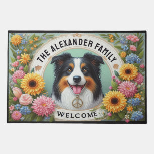 Cheerful Floral Border Collie Dog Welcome Doormat