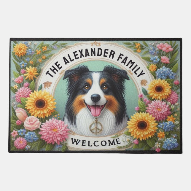 Cheerful Floral Border Collie Dog Welcome Doormat (Front)