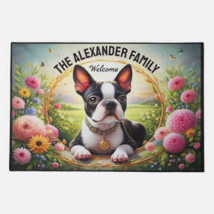 Cheerful Floral Boston Terrier Dog Welcome Doormat