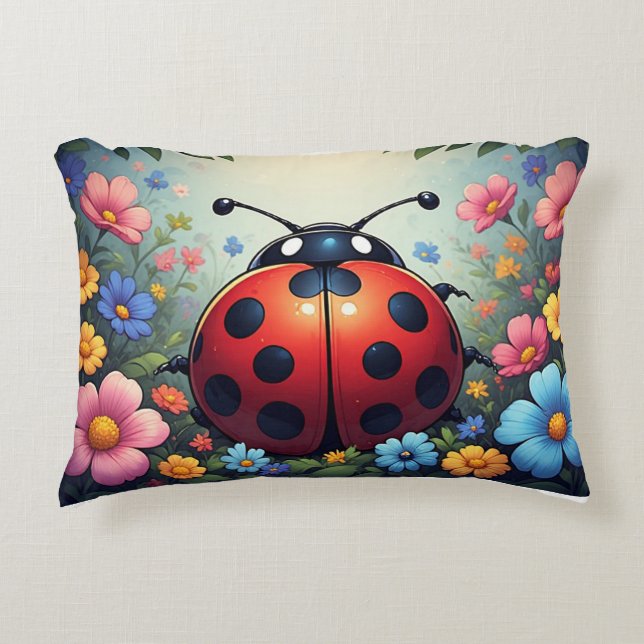 Cheerful Floral Ladybug– Cute Spring Wildflower Accent Pillow (Front)