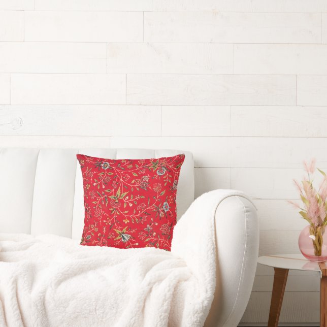 Cheerful Floral Pattern in Bright Red, Throw Pillow (Couch)