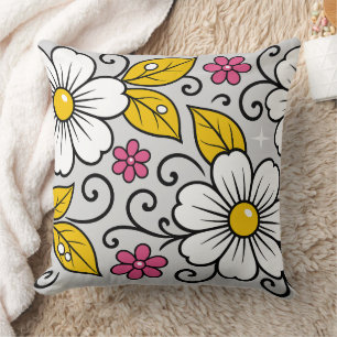 Cheerful Floral Pattern with Bold Outlines Throw Pillow