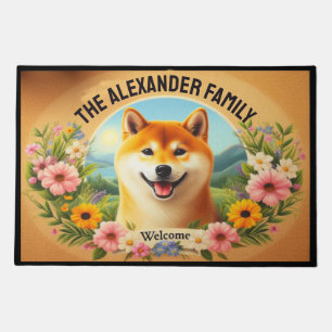 Cheerful Floral Shiba Inu Dog Welcome Doormat