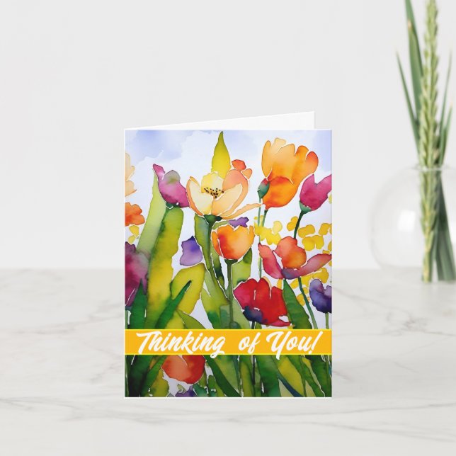 Cheerful floral watercolor - Thinking of you  Note Card (Front)