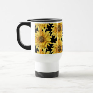 Cheerful Floral Yellow Sunflower on Black Travel Mug