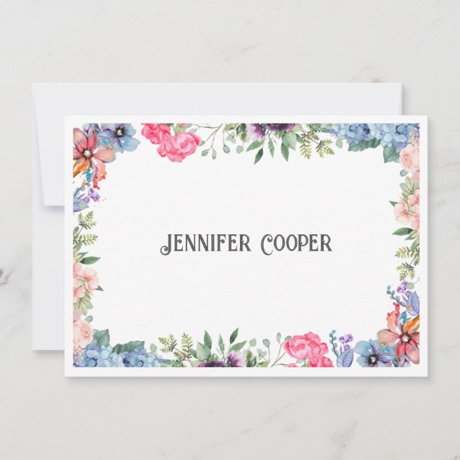 Cheerful Flower Border Custom Name Note Card (Front)