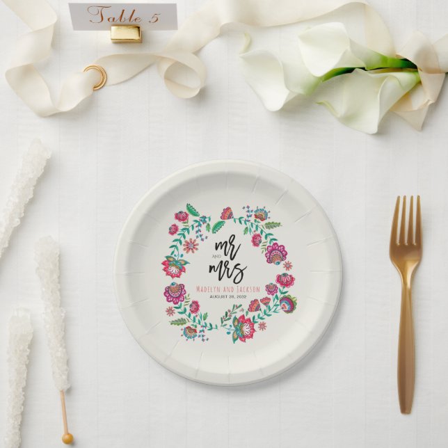 cheerful folk flowers multicolor wedding paper plates (Wedding)