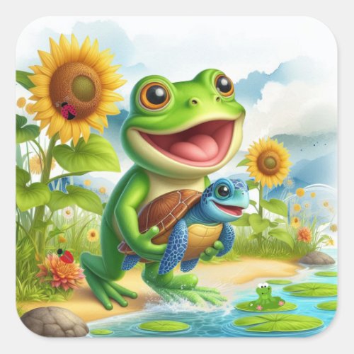 Cheerful Frog and Sea Turtle Scene Square Sticker