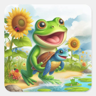 Cheerful Frog and Sea Turtle Scene Square Sticker