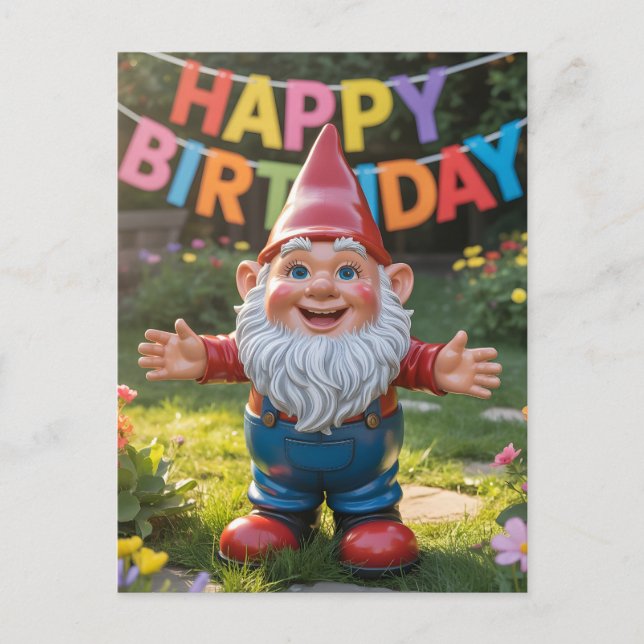 Cheerful Garden Gnome with "Happy Birthday" Banner Postcard (Front)