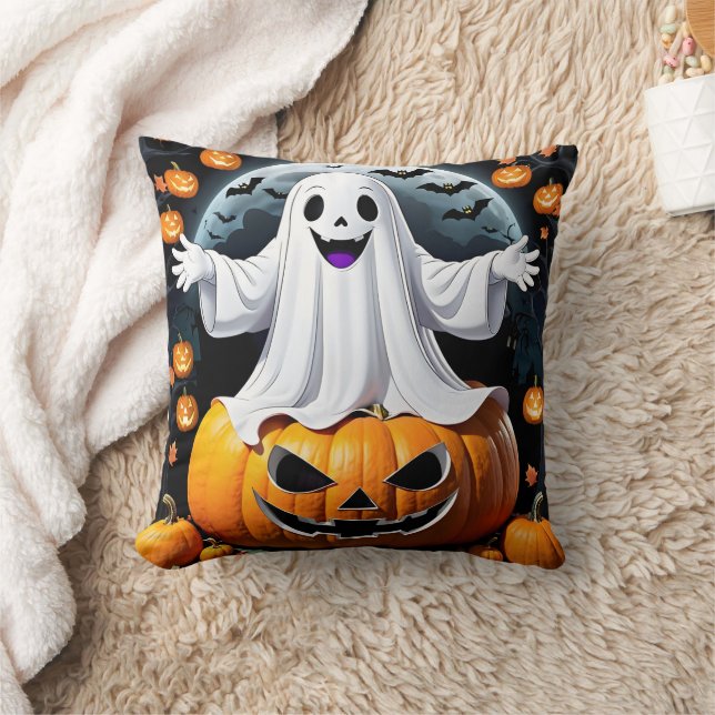 Cheerful ghost among pumpkins on Halloween night Throw Pillow (Blanket)
