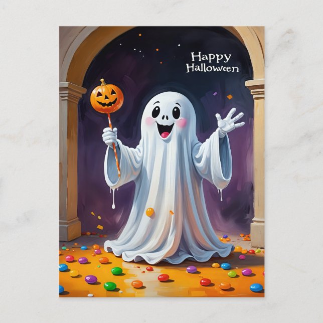 Cheerful Ghost with Pumpkin Postcard (Front)
