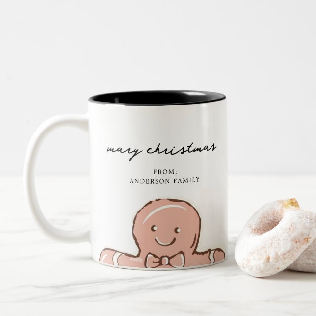 Cheerful GingerBread Man Merry Christmas Two-Tone Coffee Mug (With Donut)