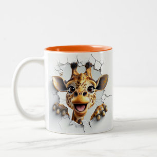 Cheerful Giraffe Breaking Through A White Wall Two-Tone Coffee Mug