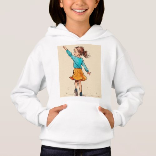 Cheerful Girl Reaching Forward Ink Sketch Style  Hoodie