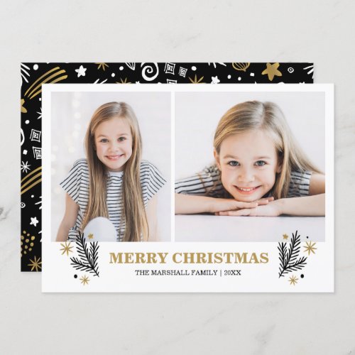 Cheerful Gold Black White  Pines Christmas 2 photo Invitation