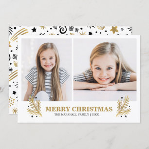 Cheerful Gold White Black Pines Christmas 2 photo Invitation