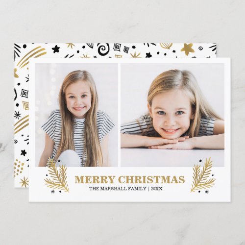 Cheerful Gold White Black Pines Christmas 2 photo Invitation