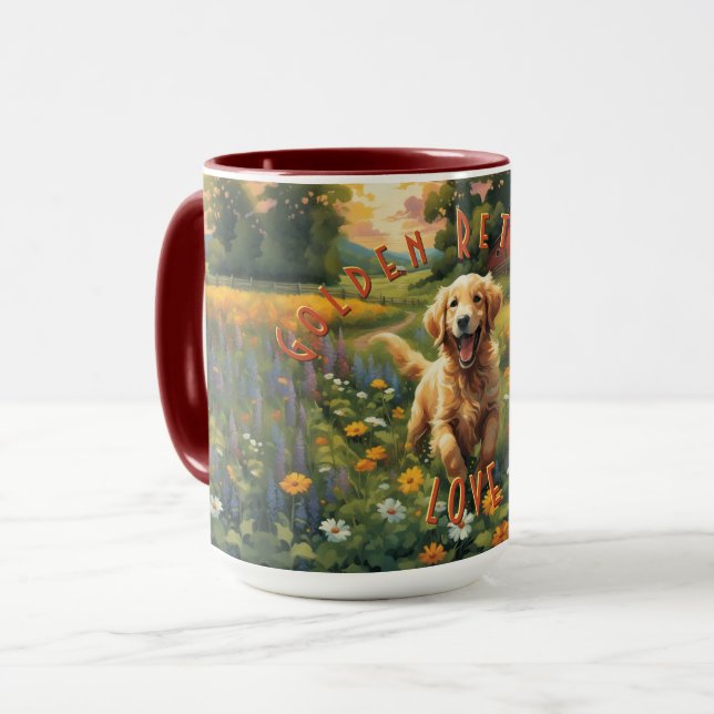 Cheerful Golden Retriever Frolicking at Sunrise Mug (Front Left)