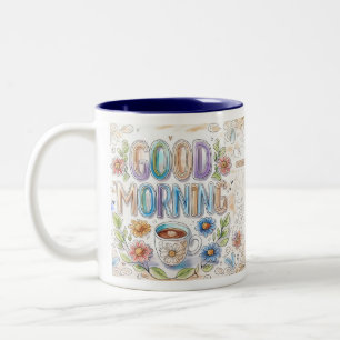 Cheerful Good Morning Watercolor Doodle Two-Tone Coffee Mug
