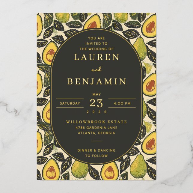 Cheerful Green Avocado Foil Invitation (Front)