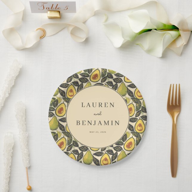 Cheerful Green Avocado Illustration Paper Plates (Wedding)