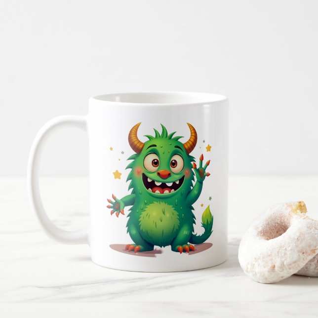 Cheerful Green Monster: A Friendly Companion Coffee Mug (With Donut)