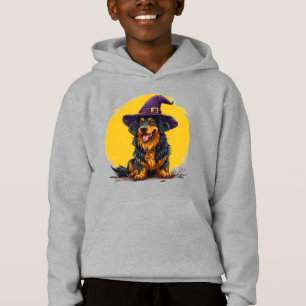 Cheerful Halloween Dog Wearing a Witch Hat Hoodie