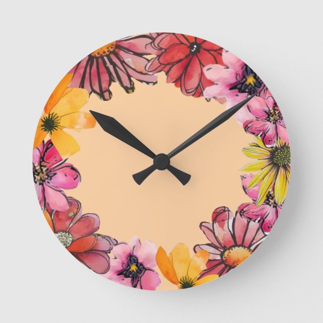 Cheerful handpainted flower pattern round clock (Front)