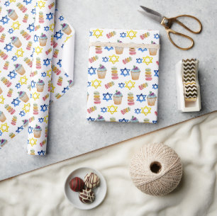 Cheerful Hanukkah Watercolor Pattern Wrapping Paper