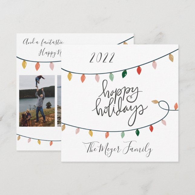 Cheerful Happy Holidays Christmas Lights 3 Photo Holiday Card (Front/Back)